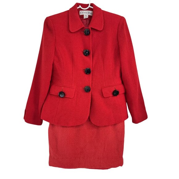 Vintage Christian Dior Womens Red Wool Skirt Suit Set 2P Jacket & Skirt USA - Picture 1 of 16